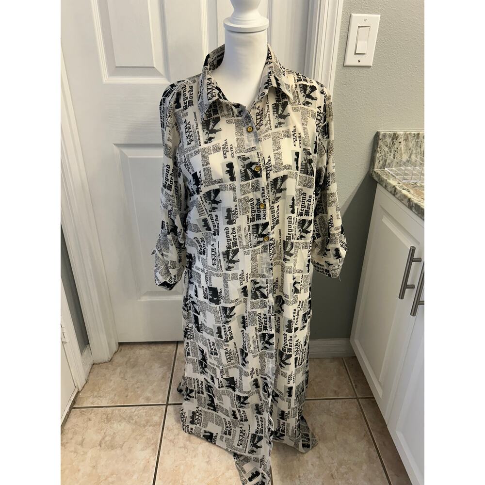 Speed Limit Mph Newspaper Print Long Button Shirt… - image 1